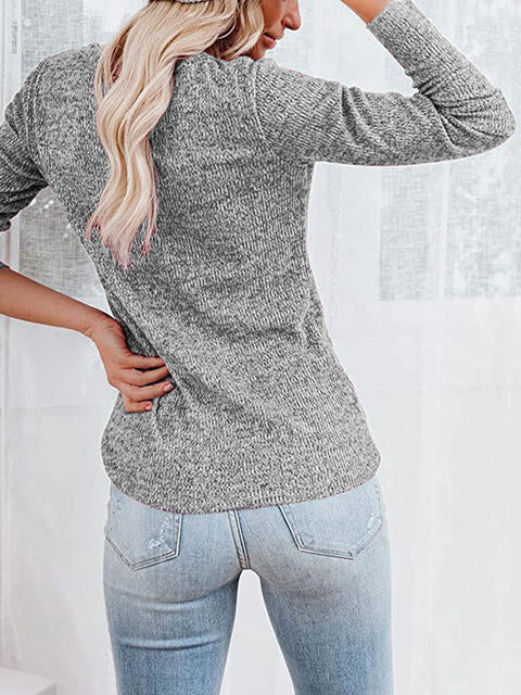 Round Neck Buttoned Long Sleeve T-Shirt BLUE ZONE PLANET