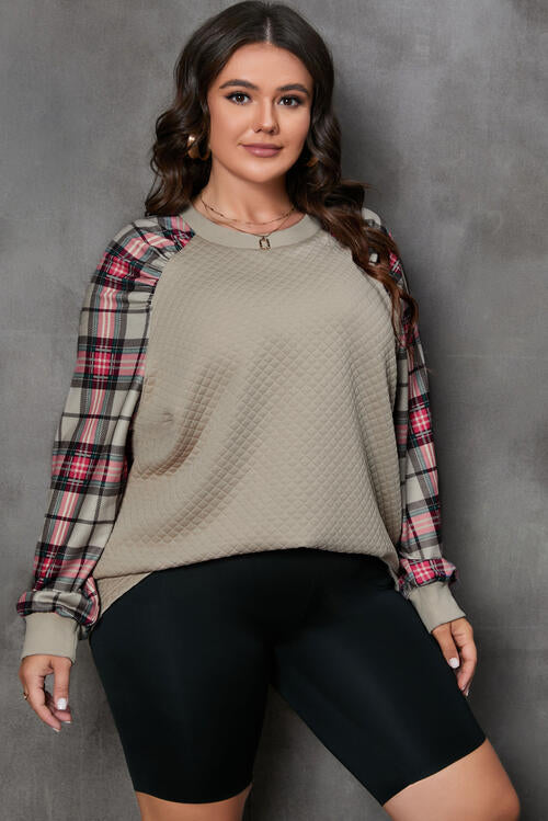 Plus Size Plaid Round Neck Long Sleeve Sweatshirt BLUE ZONE PLANET