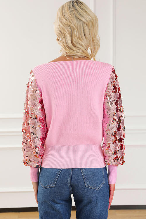 Sequin Long Sleeve V-Neck Sweater BLUE ZONE PLANET