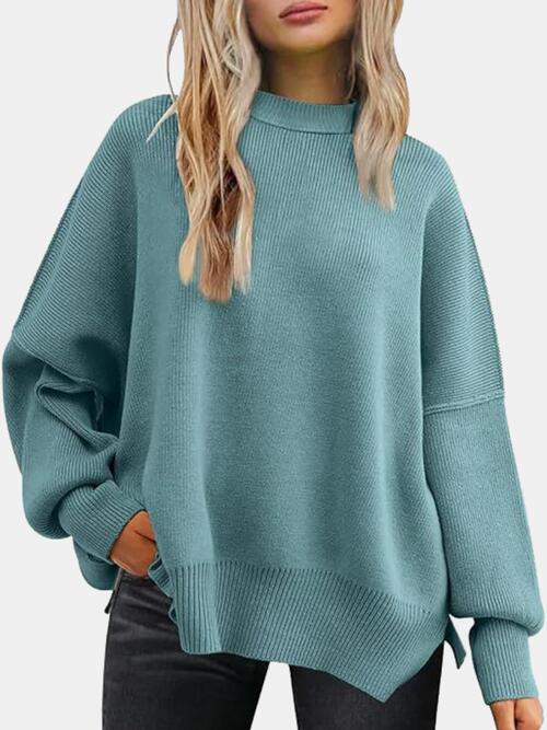 Round Neck Drop Shoulder Slit Sweater BLUE ZONE PLANET