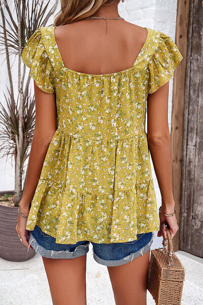 Blue Zone Planet | Printed Square Neck Cap Sleeve Blouse BLUE ZONE PLANET