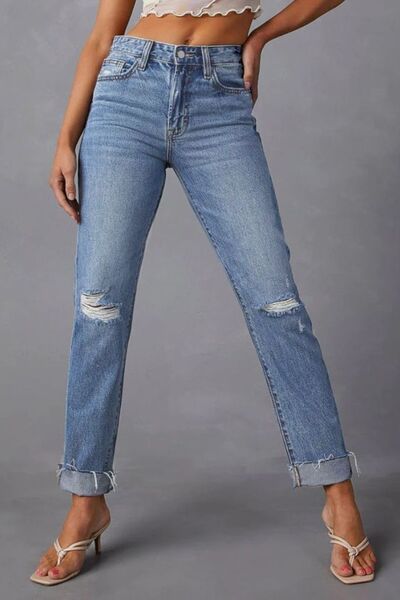 Distressed Raw Hem Straight Jeans with Pockets BLUE ZONE PLANET