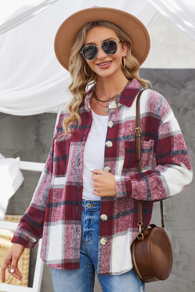 Blue Zone Planet | Plaid Button Up Dropped Shoulder Jacket BLUE ZONE PLANET