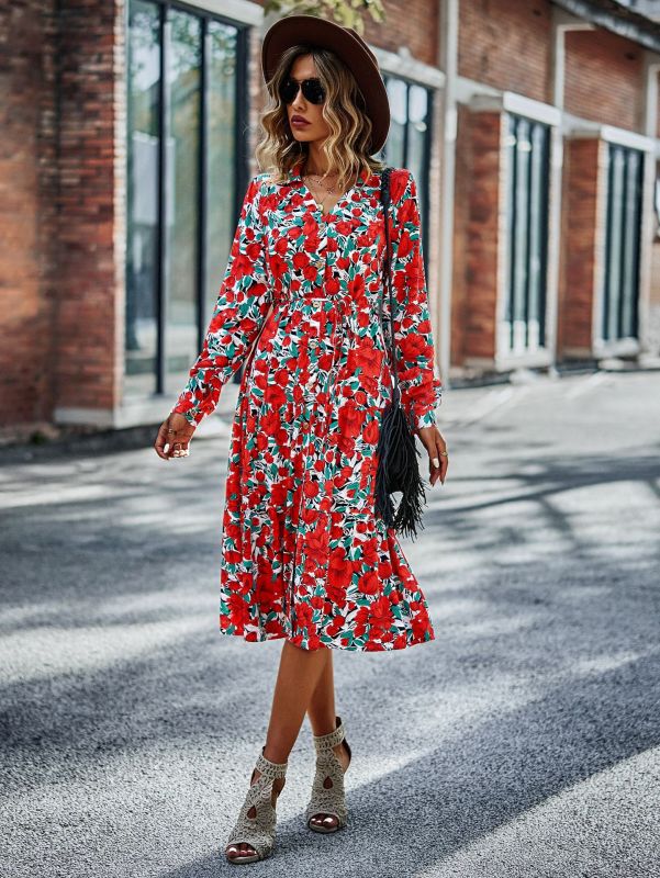 Blue Zone Planet | V-Neck Waist-Up Printed Midi Dress BLUE ZONE PLANET