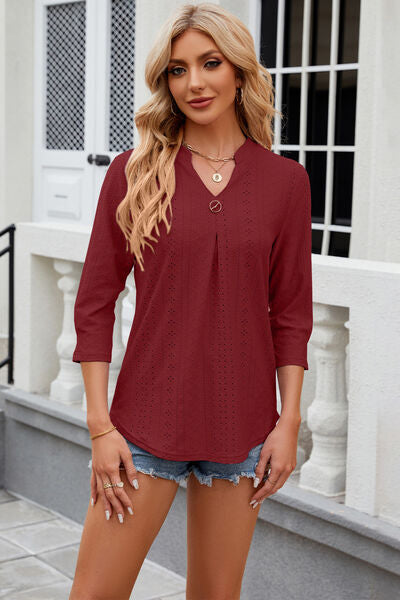 Blue Zone Planet | Eyelet Notched Knit Jacquard Top BLUE ZONE PLANET