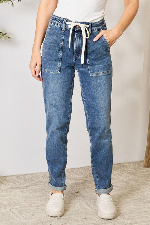Judy Blue Full Size High Waist Drawstring Denim Jeans BLUE ZONE PLANET