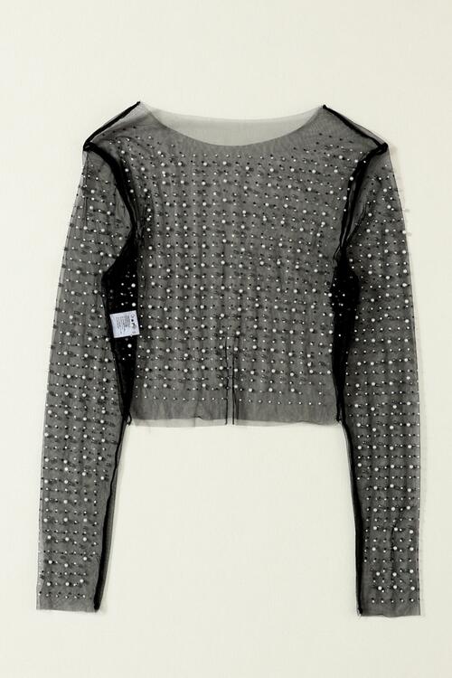 Pearl Long Sleeve Mesh Cropped Top BLUE ZONE PLANET