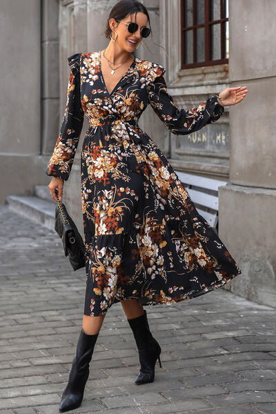 Floral Surplice Tie Front Ruffle Hem Midi Dress BLUE ZONE PLANET
