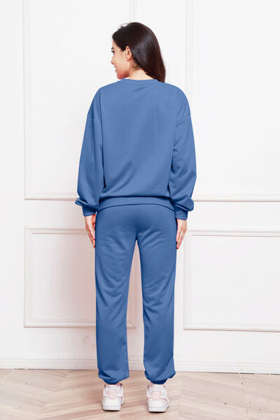 Blue Zone Planet | Round Neck Long Sleeve Sweatshirt and Pants Set BLUE ZONE PLANET