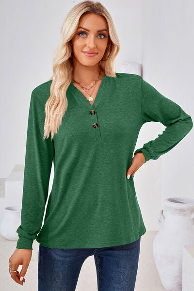 Notched Button Detail Long Sleeve T-Shirt Trendsi