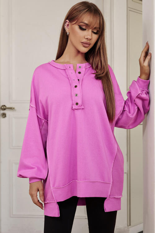 Buttoned Dropped Shoulder Sweatshirt BLUE ZONE PLANET