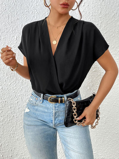Blue Zone Planet | Surplice Short Sleeve Ruched Bodysuit BLUE ZONE PLANET