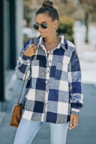 Blue Zone Planet | Plaid Button Up Dropped Shoulder Jacket BLUE ZONE PLANET