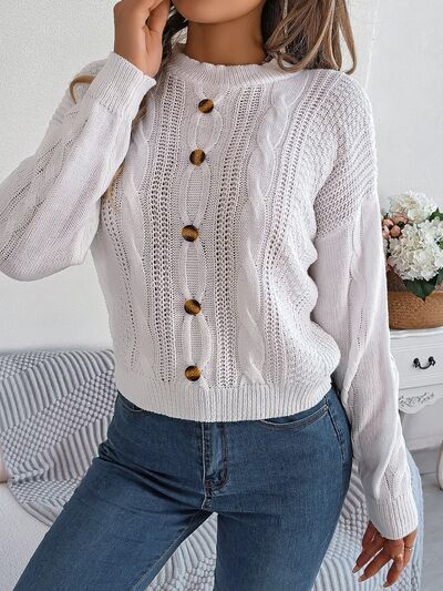 Blue Zone Planet | Cable-Knit Buttoned Round Neck Sweater BLUE ZONE PLANET