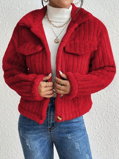 Blue Zone Planet | Fuzzy Button Up Collared Neck Jacket BLUE ZONE PLANET