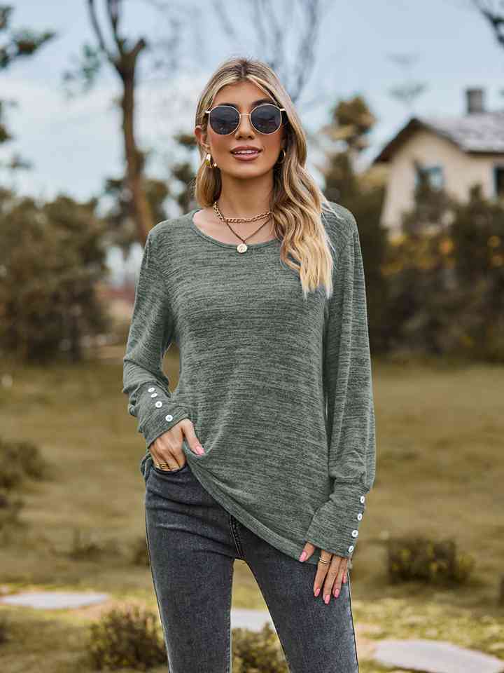 Round Neck Long Sleeve Buttoned T-Shirt BLUE ZONE PLANET