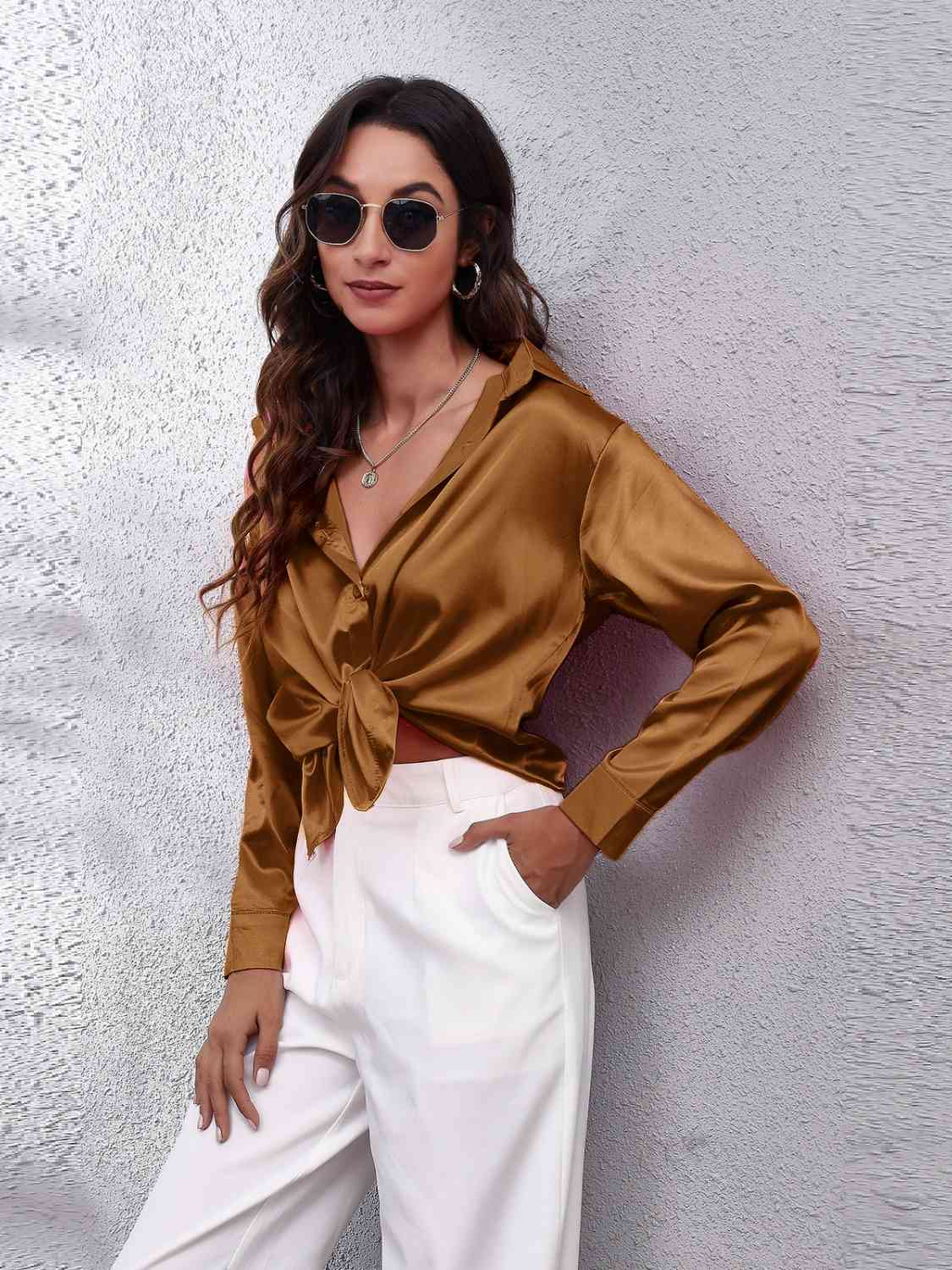 Collared Neck Buttoned Long Sleeve Shirt BLUE ZONE PLANET