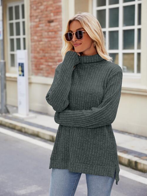 Ribbed Turtleneck Long Sleeve Slit Knit Top BLUE ZONE PLANET