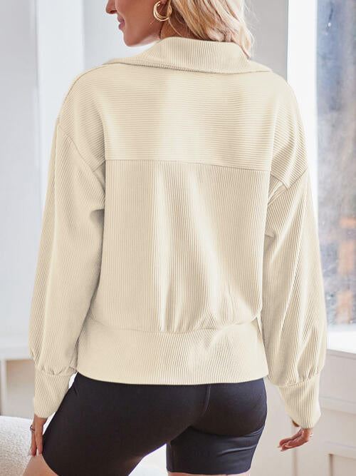 Ribbed Half Zip Collared Neck Sweatshirt BLUE ZONE PLANET