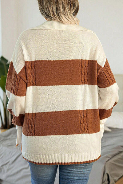 Striped Johnny Collar Dropped Shoulder Sweater-TOPS / DRESSES-[Adult]-[Female]-2022 Online Blue Zone Planet