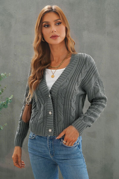 Cable-Knit Button Up Dropped Shoulder Cardigan-TOPS / DRESSES-[Adult]-[Female]-2022 Online Blue Zone Planet