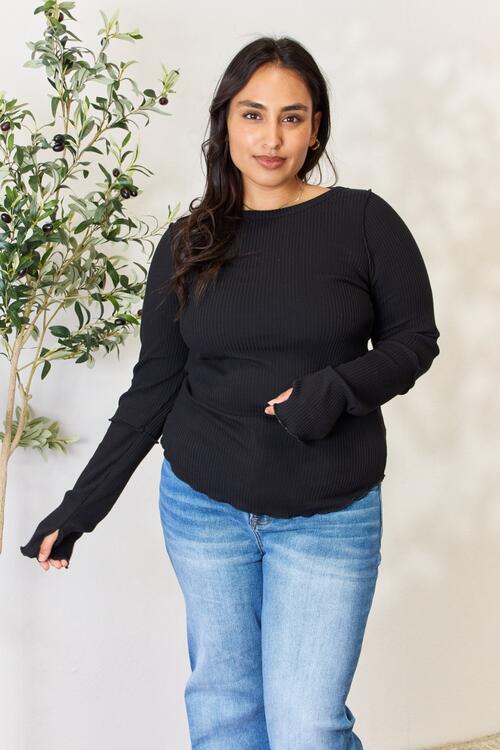 Culture Code Full Size Ribbed Round Neck Long Sleeve Top BLUE ZONE PLANET