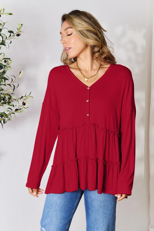 Double Take Half Button Long Sleeve Ruffle Hem Blouse BLUE ZONE PLANET