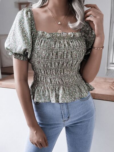Blue Zone Planet | Frill Smocked Square Neck Short Sleeve Blouse BLUE ZONE PLANET