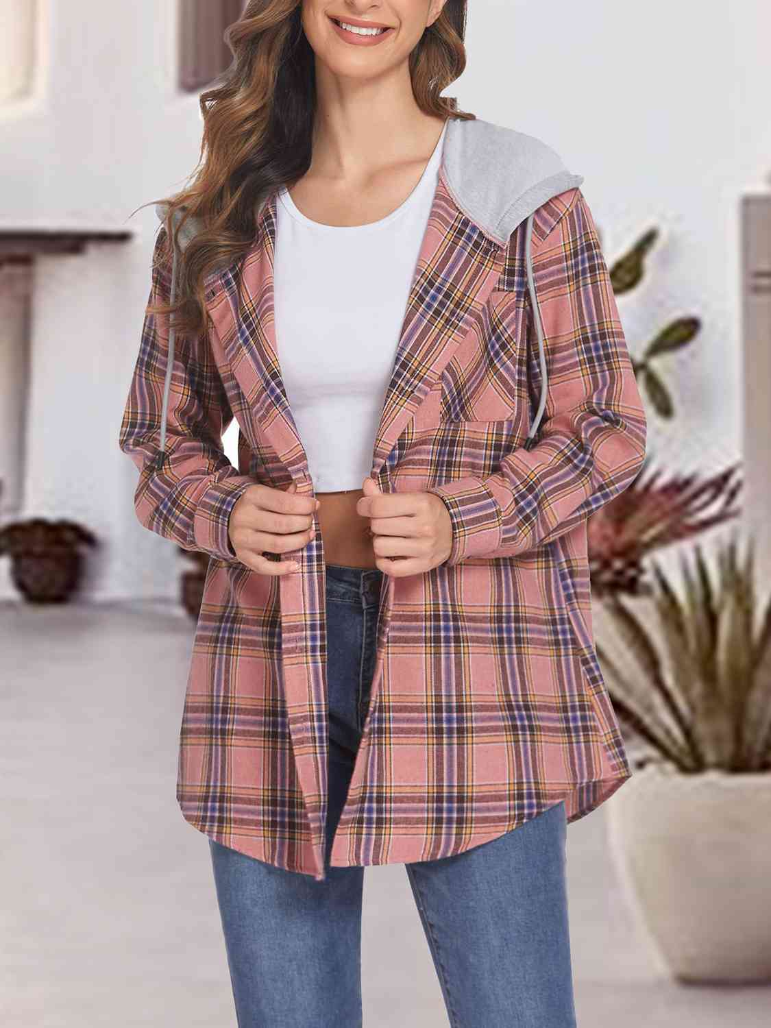 Plaid Drawstring Button Up Hooded Jacket BLUE ZONE PLANET