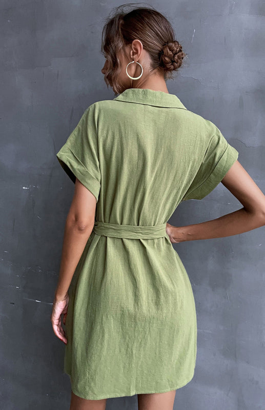 Shirt Dress Green Lace Up Short Sleeve Cotton Linen Dress kakaclo