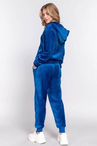 ACTIVE BASIC Faux Fur Zip Up Long Sleeve Hoodie and Joggers Set BLUE ZONE PLANET
