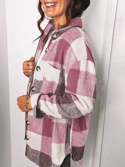 Blue Zone Planet | Plaid Pocketed Dropped Shoulder Button Up Jacket BLUE ZONE PLANET
