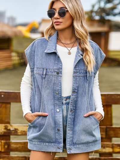 Blue Zone Planet | Button Up Collared Neck Sleeveless Denim Jacket BLUE ZONE PLANET