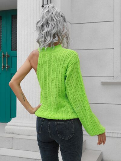 Blue Zone Planet | Cable-Knit Round Neck Asymmetrical Sweater BLUE ZONE PLANET