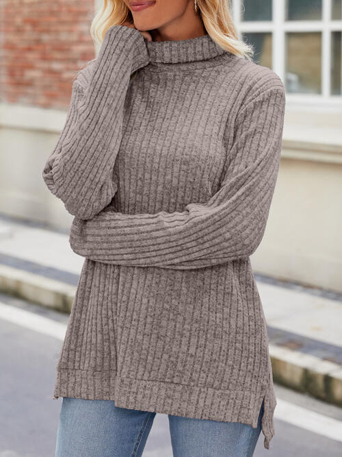 Ribbed Turtleneck Long Sleeve Slit Knit Top BLUE ZONE PLANET