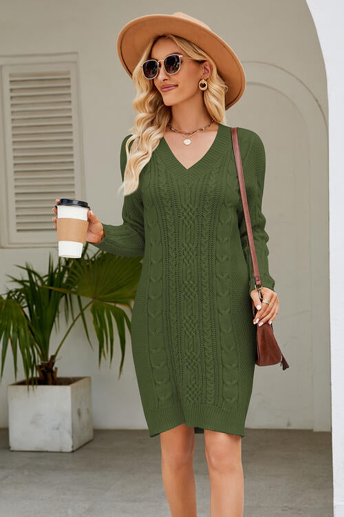 Cable-Knit Long Sleeve Sweater Dress BLUE ZONE PLANET