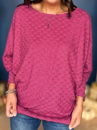 Checkered Round Neck Batwing Sleeve T-Shirt Trendsi