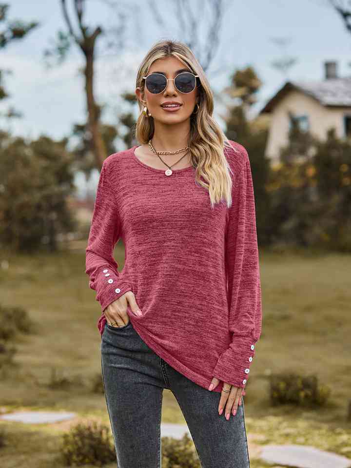 Round Neck Long Sleeve Buttoned T-Shirt BLUE ZONE PLANET