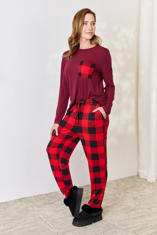 Zenana Full Size Plaid Round Neck Top and Pants Pajama Set BLUE ZONE PLANET