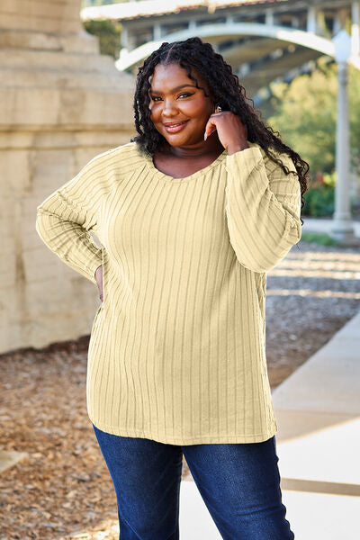 Basic Bae Full Size Ribbed Round Neck Long Sleeve Knit Top BLUE ZONE PLANET