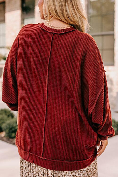 Plus Size Exposed Seam Waffle-Knit High-Low Sweatshirt BLUE ZONE PLANET