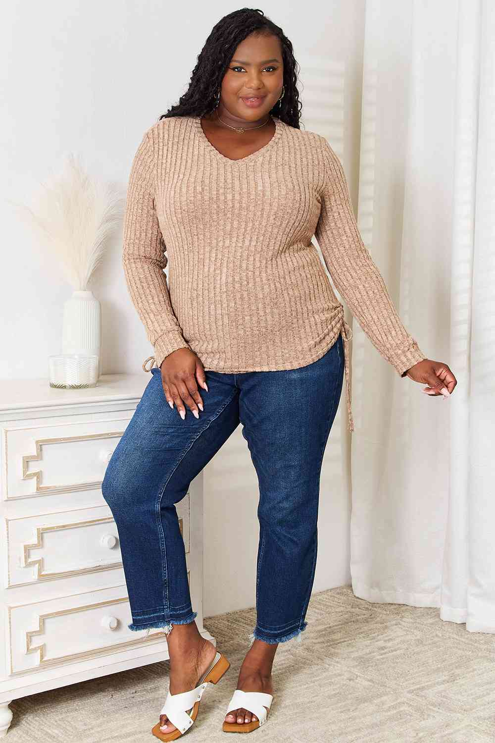 Double Take Drawstring Ribbed Long Sleeve T-Shirt BLUE ZONE PLANET