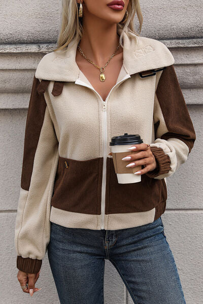 Color Block Zip Up Pocketed Jacket BLUE ZONE PLANET