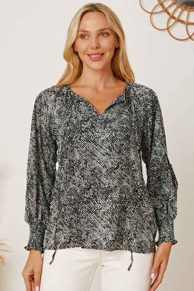 Blue Zone Planet | Printed Tie Neck Lantern Sleeve Blouse BLUE ZONE PLANET