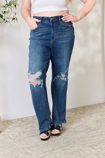 Judy Blue Full Size High Waist 90's Distressed Straight Jeans BLUE ZONE PLANET