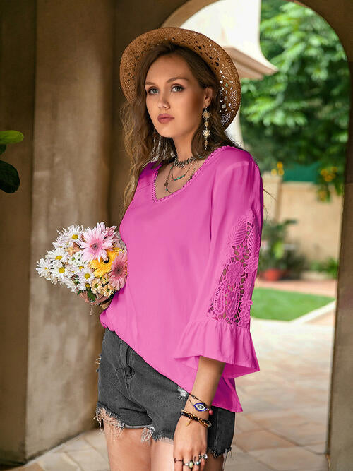 Double Take Plus Size Flower Crochet Flare Sleeve Top BLUE ZONE PLANET