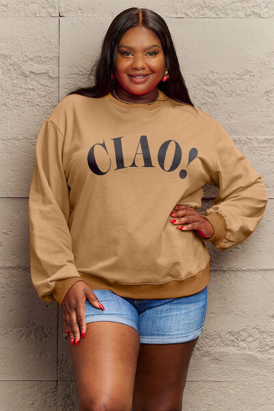 Blue Zone Planet | Simply Love Full Size CIAO!Round Neck Sweatshirt BLUE ZONE PLANET