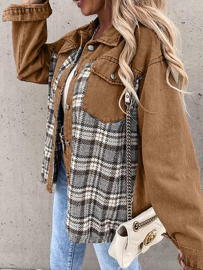 Plaid Button Up Dropped Shoulder Jacket BLUE ZONE PLANET