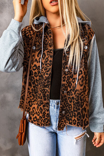 Blue Zone Planet | Leopard Distressed Drawstring Hooded Denim Jacket BLUE ZONE PLANET