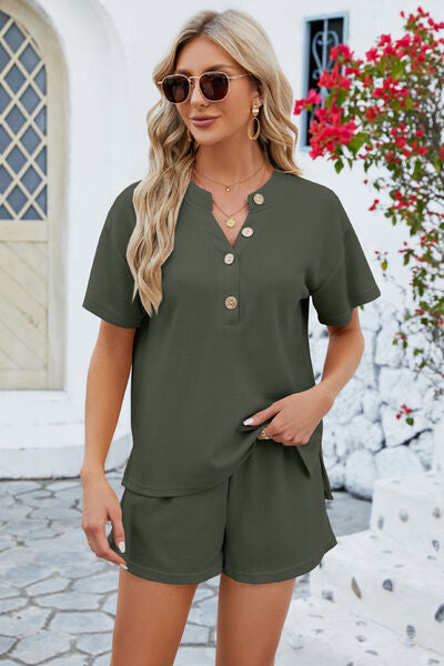 Blue Zone Planet | Notched Button Detail Dropped Shoulder Top and Shorts Set BLUE ZONE PLANET